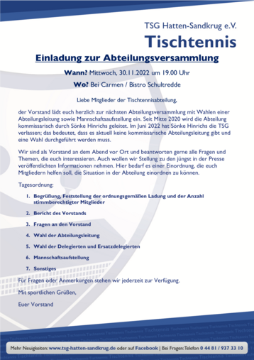 Einladung Abteilungsversammlung Tischtennis